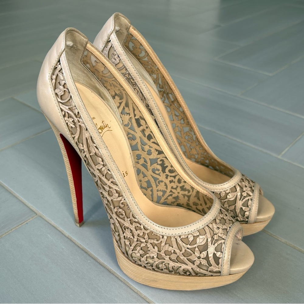 Christian Louboutin Pampas 150 Calf Brown, Laser-cut, Lace Peep-Toe Heels